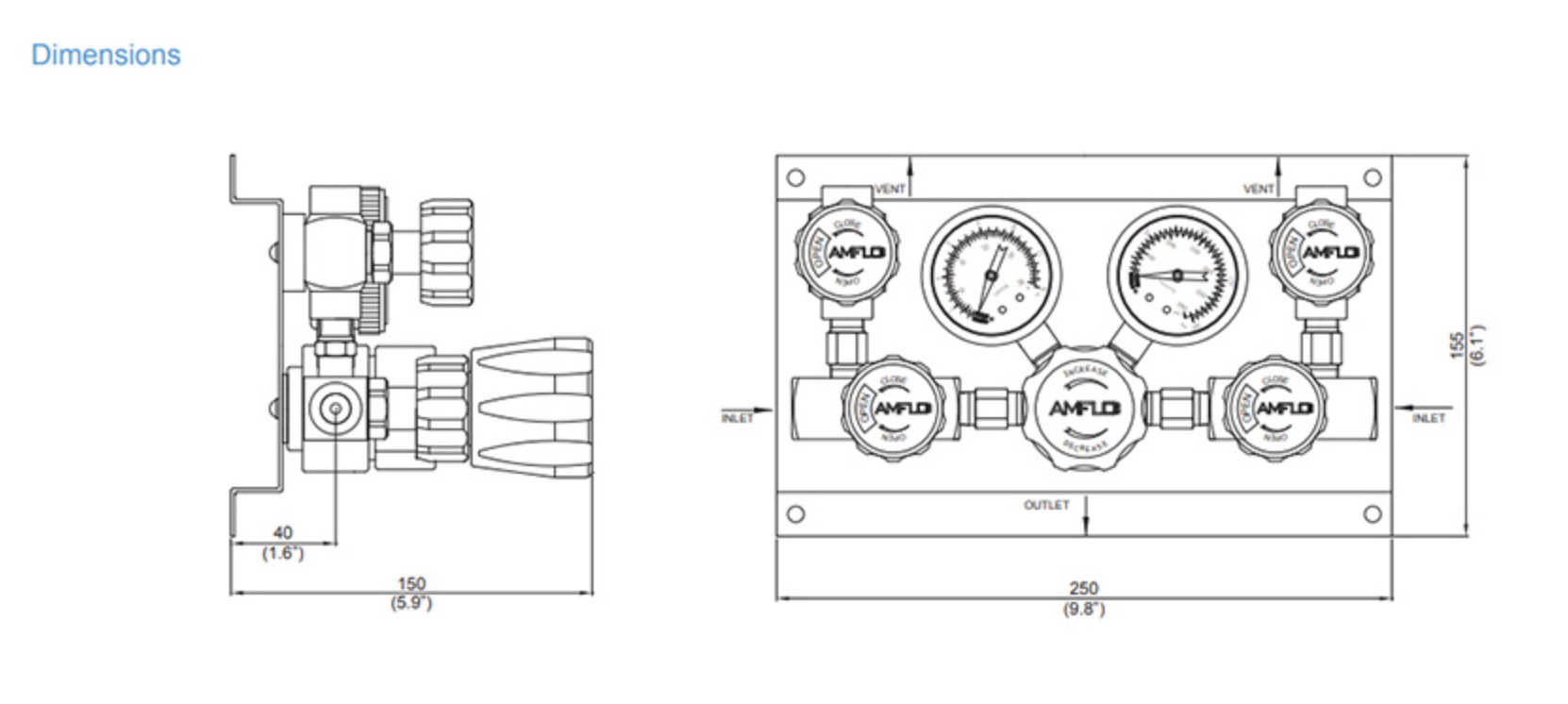 Панель газовая ручная двухплечевая AMFLO PSB 210 D-P00-00R, Pвх-241 bar, c манометрами, PRV, PUV, FNPT 1/4  CV-0.08 / Manual gas panel AMFLO PSB 210 D-P00-00R single-stage, inlet pressure 241bar,  PRV, ball valves, connections FNPT 1/4 CV-0.08