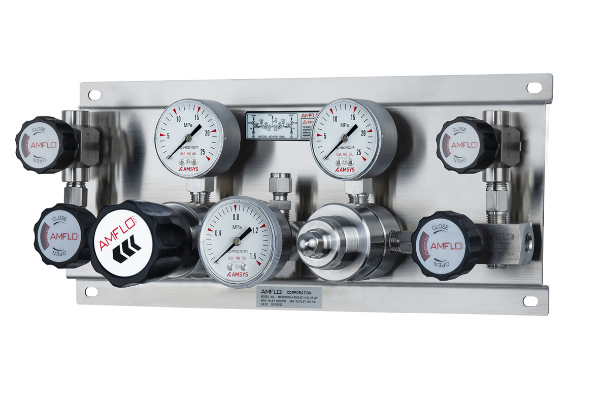 Панель газовая полуавтоматическая AMFLO PSB1100 ADGP00R,  одноступенчатая, Pвх-206 bar, c манометрами, PRV, PUV, FNPT 1/4  CV-0.08 / Semi-automatic GP AMFLO PSB1100 ADGP00R , ball valves. cons. FNPT 1/4 CV-0.08