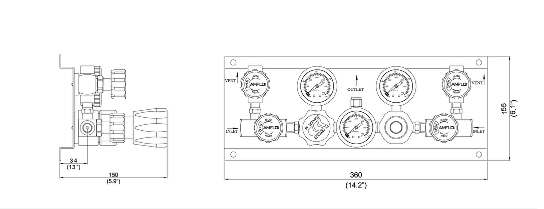Панель газовая полуавтоматическая AMFLO PSB4100 ADGP00R,  одноступенчатая, Pвх-413 bar, c манометрами, PRV, PUV, FNPT 1/4  CV-0.06 / Semi-automatic GP AMFLO R4100 ADGP00R single-stage, inlet pressure 413bar,  PRV, ball valves. cons. FNPT 1/4 CV-0.06