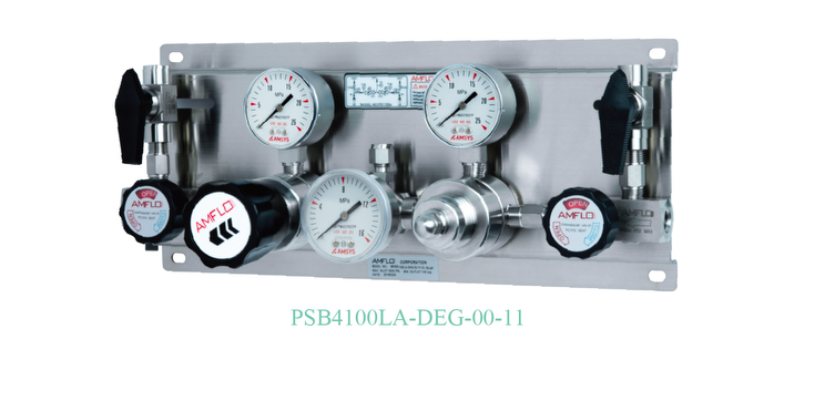 Панель газовая полуавтоматическая AMFLO PSB4100 ADGP00R,  одноступенчатая, Pвх-413 bar, c манометрами, PRV, PUV, FNPT 1/4  CV-0.06 / Semi-automatic GP AMFLO R4100 ADGP00R single-stage, inlet pressure 413bar,  PRV, ball valves. cons. FNPT 1/4 CV-0.06